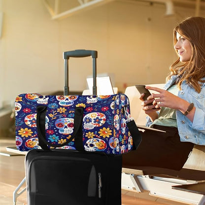 Travel Duffel Bag Skull Flower Colorful Sport Tote Gym Bag Waterproof Foldable Carryon Weekend Overnight Training Handbag Sports Duffle Bags for Women Men Boys Girls