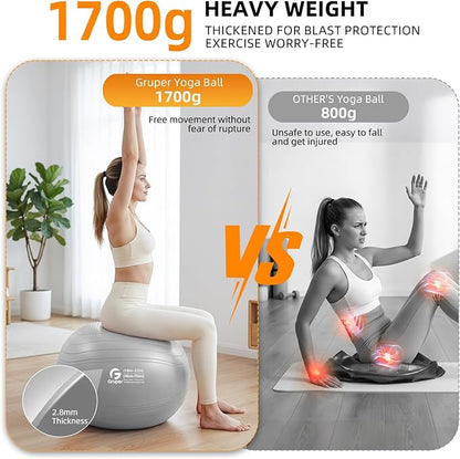 Gruper Yoga Ball, Extra Thick Non Slip Exercise Ball for Workout, Birthing, Balance, Stability, Pregnancy, 4 Sizes Anti Burst Chair for Home and Office, Includes Quick Pump & Fitness Guide