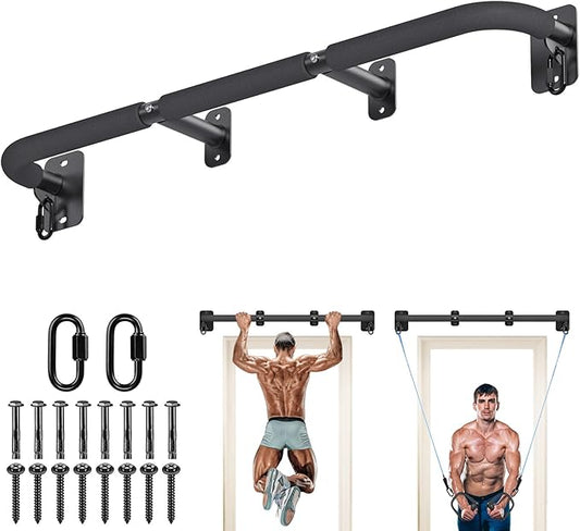 SELEWARE Heavy Duty Wall Mount Pull Up Bar, Joist Mount Chin Up Bar for Doorway, Sturdy Steel Construction, w/Resistance Band Hooks, Fits 32"/36" Wall Studs for Home Gym Strength Training