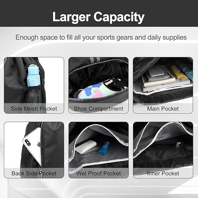 Hoedia Sports Drawstring Backpack - String Swim Gym Bag with Shoes Compartment and Wet Proof Pocket for Women and Men