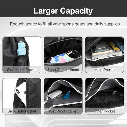 Hoedia Sports Drawstring Backpack - String Swim Gym Bag with Shoes Compartment and Wet Proof Pocket for Women and Men