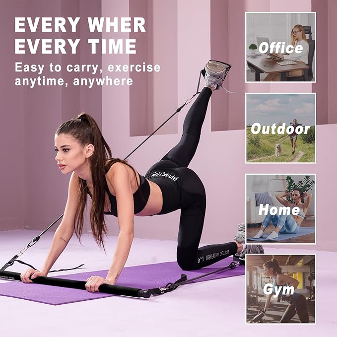 Pilates bar kit Multiple Fitness bar with Resistance Bands, Ab Rollers.Core Strength Training Equipment. Squat Machine for Men and Women.Portable Home Gym Pilates bar kit for Full Body Training Women