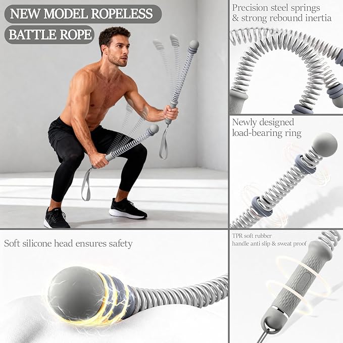 Ropeless Battle Ropes for Exercise Workout Rope, Portable Workout for Home Gym, Exercise Battle Ropes for HIIT Workouts, Low-Impact Cardio Training (Grey with Ring)