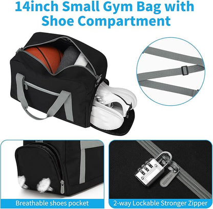Small Gym Bag 14 inch lightweight Carry On Mini Duffel Bag with Shoe Compartment for Travel Sport - Black/Grey