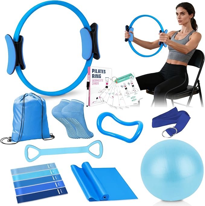 Pilates Kit for Women Pilates Equipment Ring and Ball Set Magic Circle Hoop with 5 Resistance Bands Compact Toning Fitness Essentials Starter Set Accessories with Exercise Guide