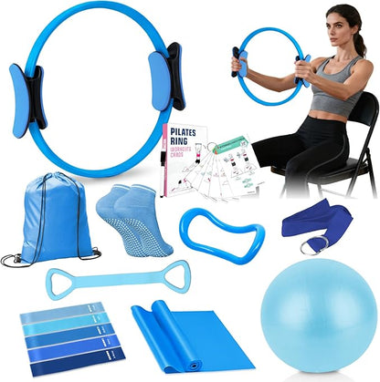 Pilates Kit for Women Pilates Equipment Ring and Ball Set Magic Circle Hoop with 5 Resistance Bands Compact Toning Fitness Essentials Starter Set Accessories with Exercise Guide