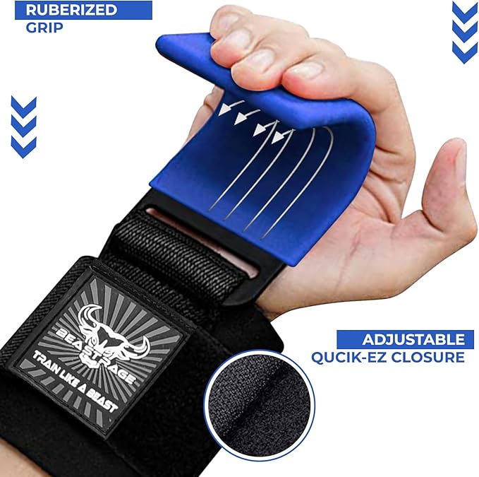 BEAST RAGE Workout Hooks for Men, Durable Coated Grip Gym Straps for Weightlifting Wrist Wraps Training Weight Lifting Strength Fitness Bodybuilding Anti Slip Women Hook Exercise