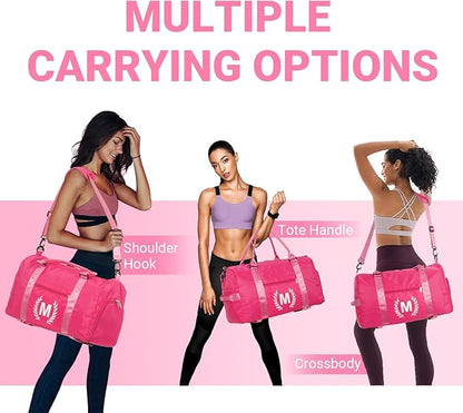 Gym Bag for Women, Personalized Duffle Bag with Shoe Compartment, Sports Bag for Yoga & Dance with Wet Pocket and Mat Strap(HotPink,Y)