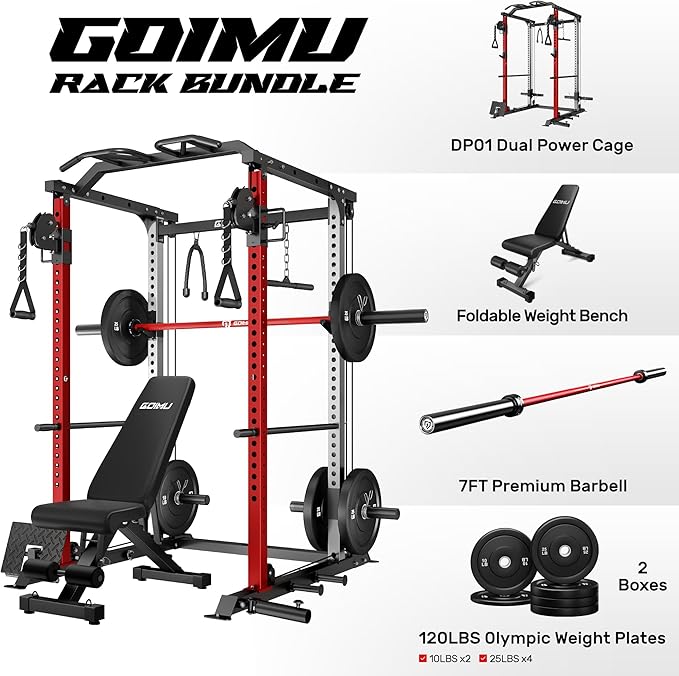 DP01 Power Cage, 2000LBS Squat Rack with with Cable Crossover and Dual Independent Pulley System, Full Cage for Full Body Training, Power Rack with More Training Attachments for Home Gym