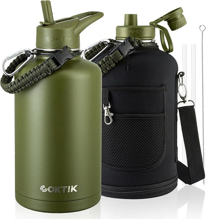 COKTIK 84oz Insulated Water Bottle - Stainless Steel Vacuum Metal, Portable ½ Gallon Large-Capacity Sports Bottle with Straw, Carry Bag and Handle Strap, Ideal for Gym & Hiking（Army Green)