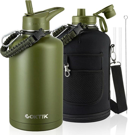 COKTIK 84oz Insulated Water Bottle - Stainless Steel Vacuum Metal, Portable ½ Gallon Large-Capacity Sports Bottle with Straw, Carry Bag and Handle Strap, Ideal for Gym & Hiking（Army Green)