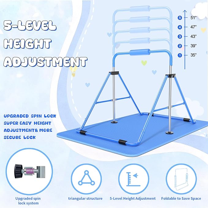Safly Fun Foldable Gymnastics Bar for Kids, Adjustable 35"-51", Sturdy 145 lbs Capacity, Easy-to-Assemble, Gymnastics Equipment for Kids for Indoor/Outdoor Training