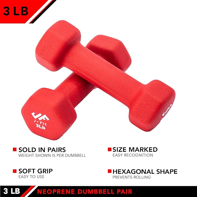 JFIT Dumbbell Pairs or Sets – Neoprene & Vinyl Coated Hand Weights for Home Gym, Strength Training, Aerobics, Cardio Exercise and Fitness