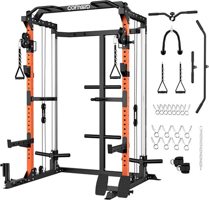 Power Cage, Power Rack with Dual Pulley System, Multi-Function Squat Rack with Cable Crossover, Home Gym Workout Machine