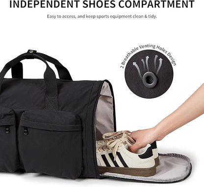 Aji Foldable Travel Duffel Bag for Women with Shoes Compartment, 3 in 1 Carry on Gym Bag with Removable Dry Wet Bag, Lightweight&Water Resistant Duffel Bag for Travel,Sports&Workout, Ink Black