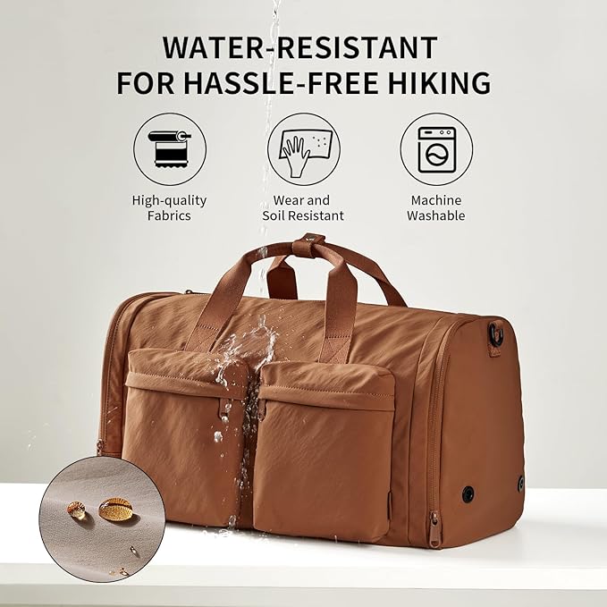 Aji Foldable Travel Duffel Bag for Women with Shoes Compartment, 3 in 1 Carry on Gym Bag with Removable Dry Wet Bag, Lightweight&Water Resistant Duffel Bag for Travel,Sports&Workout, Warm Brown