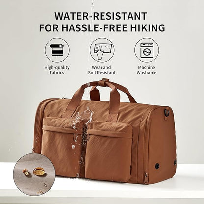 Aji Foldable Travel Duffel Bag for Women with Shoes Compartment, 3 in 1 Carry on Gym Bag with Removable Dry Wet Bag, Lightweight&Water Resistant Duffel Bag for Travel,Sports&Workout, Warm Brown