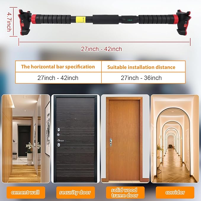 27-42in Pull Up Bar for Doorway with Level Meter, 440 LBS Heavy Duty Home Exercise Door Frame Pull up Bar, Adjustable Strength Training Bar, No Screw Installation Needed