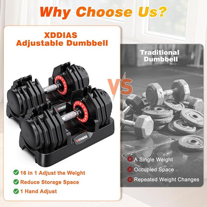 XDDIAS Adjustable Dumbbell Set of 2, 25/55/80/90LB Dumbbell Set- 1-Hand Fast Adjustment with Anti-Slip Handle, Compact Free Weights Dumbbells Set for Men/Women Home Gym Strength Training Equipment