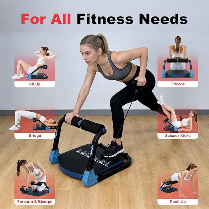 Ab Machine, Sit Up Exercise Equipment & Core Machine, Home Workout Equipment, Adjustable Ab Trainer, with 3 Resistance Levels & 2 Elastic Rope