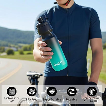 QuiFit Bike Water Bottle 2-Pack, 32oz Squeeze Bottles BPA Free, Leak Proof, Reusable Sport Jug with Dust Cover, Fit Most Bike Holders, for Cycling (Black Green+Black Orange, 32 Ounces)