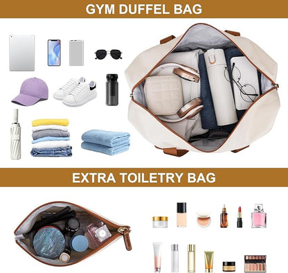 MOSISO Gym Bag for Women, Travel Duffle Weekender Overnight Workout Carry on Gym Duffle Bag with Toiletry Pouch&Shoe Compartment&Wet Pocket&Front Pocket for Fitness, Yoga, Weekend, Beige