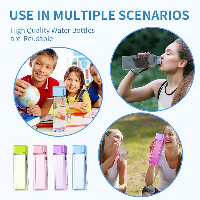 mwellewm 24Pcs Water Bottles Bulk 17 Oz Reusable Plastic Water Bottle Spill Proof Clear Colorful Gym Sports Large Drink Bottle for Adult Leak Square Pack for School Outdoor Fitness Travel Office