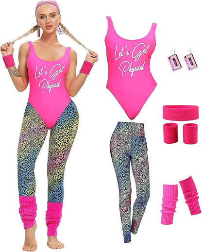 MIAIULIA Womens 80s Workout Costume Outfit 80s Accessories Set Leotard Neon Legging Headband Wristbands Set