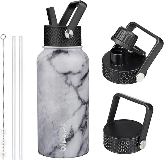 BJPKPK Insulated Water Bottles with Straw Lid, 27oz Stainless Steel Water Bottle with 3 Lids, Leak Proof BPA Free Metal Thermo, Mugs, Tumblers, Keep Cold Hot -Marble Frozen