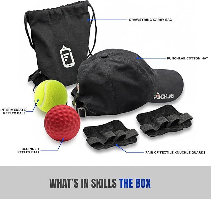 Reflex Ball Hat Kit for Boxing – 2 Speed Levels, Click-to-Adjust Metal Lock & Knuckle Guards | Cotton Hat Punch Ball Set for Reaction Time, Speed & Coordination Training | PunchLab App Compatible
