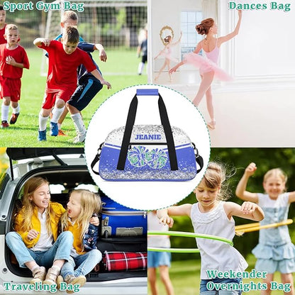 Personalized Cheer Gym Bags for Girls Kids Cheerleaders with Custom Name Sport Dance Perform Training Duffel Bags for Overnight Weekender Travel White Blue