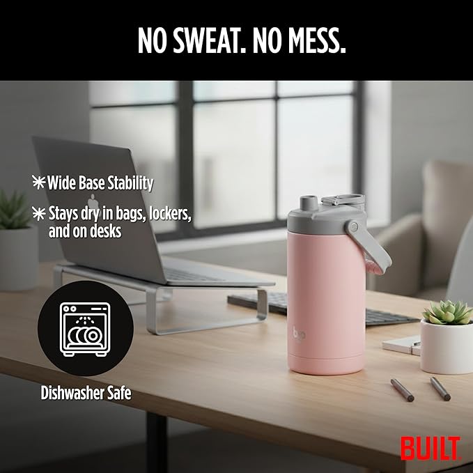 Built Byo 64 Oz Double Walled Insulated Stainless Steel Bottle (Pink) - BPA-Free Leakproof Chug Lid, Durable Sweat-Proof Silicone Grip Handle - Hydration Essential for Gym, Fitness, Healthy Lifestyle