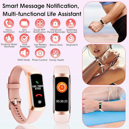 Fitness Tracker, 24/7 Heart Rate Blood Oxygen Blood Pressure Body Temp Monitor Sleep Calorie Tracker with 1.1" AMOLED Touch Color Screen Pedometer Smart Watch Waterproof for Women Men