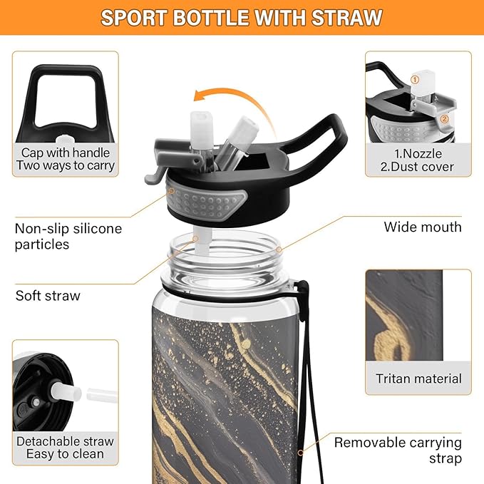 Fustylead Gold with Black Background Paint Stripes 32 oz Water Bottle with Straw, Leakproof Clear Sport Bottles for Women Men Outdoor Sport Drinking