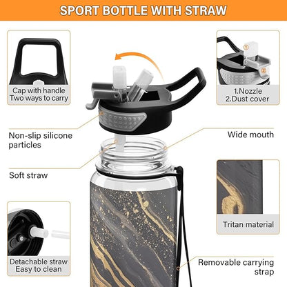 Fustylead Gold with Black Background Paint Stripes 32 oz Water Bottle with Straw, Leakproof Clear Sport Bottles for Women Men Outdoor Sport Drinking