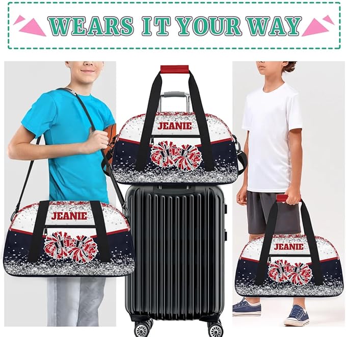 Personalized Cheer Gym Bags for Girls Kids Cheerleaders with Custom Name Sport Dance Perform Training Duffel Bags for Overnight Weekender Travel White Dark Blue