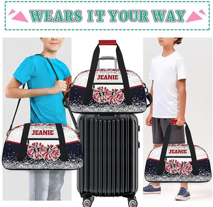 Personalized Cheer Gym Bags for Girls Kids Cheerleaders with Custom Name Sport Dance Perform Training Duffel Bags for Overnight Weekender Travel White Dark Blue