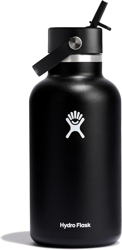 Hydro Flask Water Bottle - Insulated Stainless Steel - Wide Mouth Flex Straw Lid, Non Spill, Leakproof and Refillable in 64 Oz Black