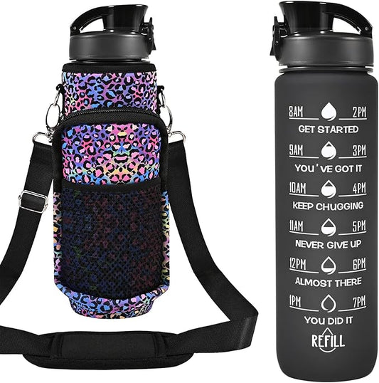32 oz Water Bottles with Straw & Strap, Motivational Water Bottles with Times to Drink, BPA Free Reusable Sports Water Bottle with Sleeve Carrier for Hiking, Travel, Running or Fitness