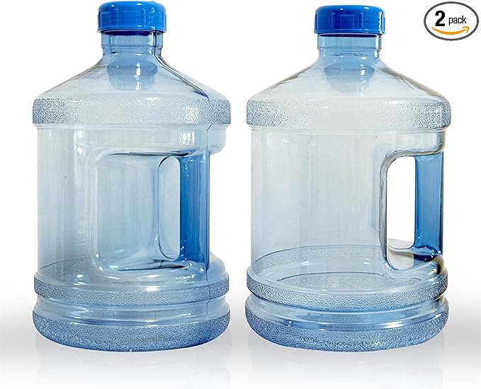 2 Pieces 1 Gallon Water Bottle, Round Plastic Water Jug with Handle and Screw Cap, Reusable Leak Proof Large Capacity Bottles for Camping, Travel, Gym, Sports, Office, Daily Drinking Use