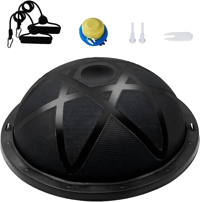 Half Exercise Ball Trainer 23 inch Balance Ball Trainer 1500lbs Capacity Stability Ball with Resistance Bands & Foot Pump, Strength Fitness Ball for Home Gym Full Body Workout