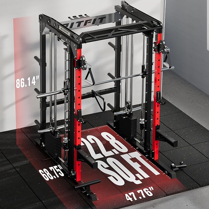 RitFit M2 Smith Machine with with Cable Crossover System, 3D Functional Trainer & Power Cage, 16 Adjustment Holes, 6 Storage Pegs for Full-Body Home Gym