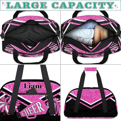 Custom Sports Cheerleading Bags for Girls, Overnight Duffel Bags Workout Training Personalized Sport Gym Bag Travel Practice Gymnastics Duffel Bag,Water Pink Shiny Glitters Black
