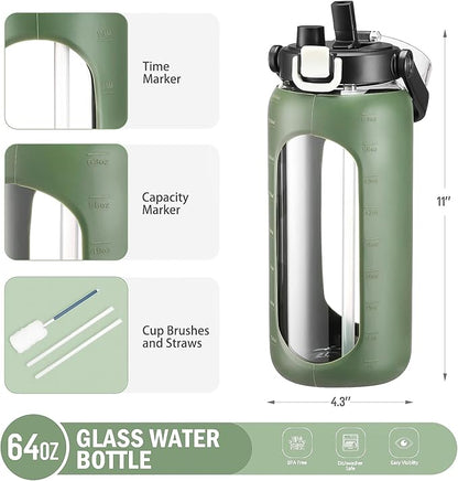BLUEGO 64oz Glass Water Bottles with Straw Time Marker Half Gallon Large Motivational Water Bottle with Silicone Sleeve 2 Liter Large Glass Water Jug for Gym, Sports& Workout, Daily, Olive