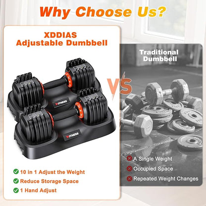 XDDIAS Adjustable Dumbbell Set of 2, 25/55/80/90LB Dumbbell Set- 1-Hand Fast Adjustment with Anti-Slip Handle, Compact Free Weights Dumbbells Set for Men/Women Home Gym Strength Training Equipment