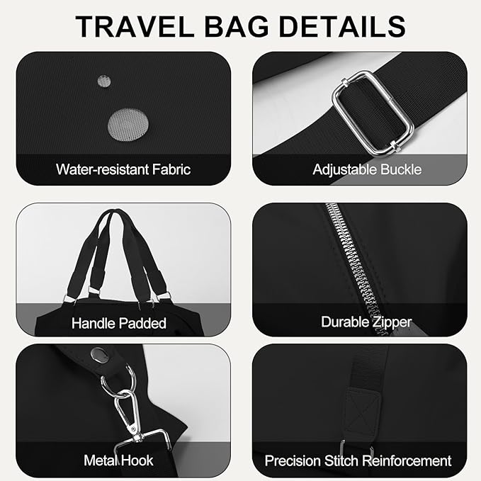 Gym Bag for Women Weekender Carry on Bags Dance Yoga Tote Travel Duffle Personal Item Bag with Wet Pocket Toiletry MakeupBag for Men Sport Trips Hospital Black