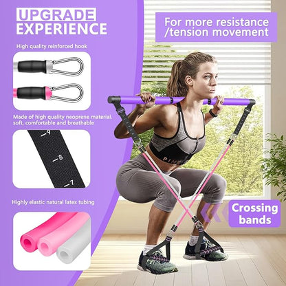 Pilates Bar Kit with Resistance Bands,Ab Roller,2 in 1 Foot Strap & Handle,Door Anchor Pilates Equipment with Resistance Bands, Portable Home Gym Yoga Fitness Bar for Women & Men