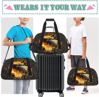 Kids Duffel Bag for Boys - Football Fire Sports Gym Bag Overnight Travel Weekender Bag Lightweight Carry On Sleepovers Bag for School Practice Gymnastics