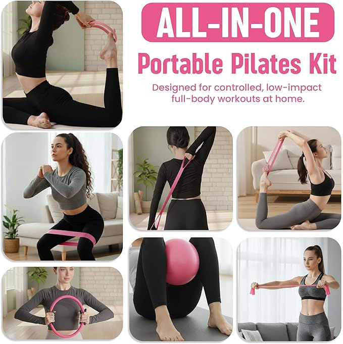 Pilates Kit 16- Pieces with Adjustable Resistance – Fitness Ring, Exercise Ball, Bands, Wrist Weights & Essential Pilates Equipment for Home Workouts - Versatile Fitness Accessories