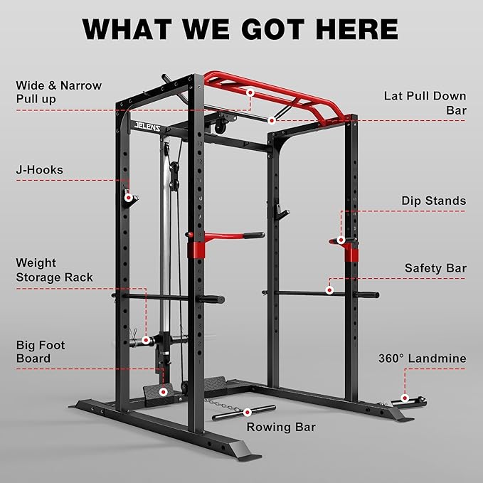 S11 Power Cage, 2000LB Multi-Function Power Rack with LAT Pulldown, Squat Rack with Adjustable Pulley System and Training Attachments, Weight Rack for Home Gym